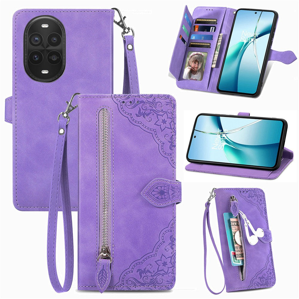 Étui portefeuille à fermeture éclair avec sangle pour Huawei Nova 13 Pro 5G, motif floral, en cuir PU 