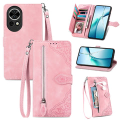 For Huawei nova 13 5G Zipper Wallet Case with Strap Flower Imprint PU Leather Phone Cover