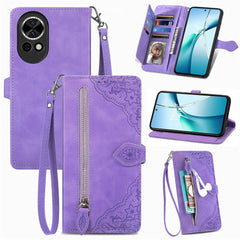 For Huawei nova 13 5G Zipper Wallet Case with Strap Flower Imprint PU Leather Phone Cover