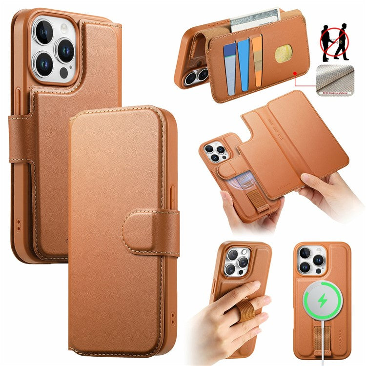 CASENEO For iPhone 15 Pro Magnetic Case RFID Blocking Wallet Detachable Leather Phone Cover with Wristband - TechGearPal