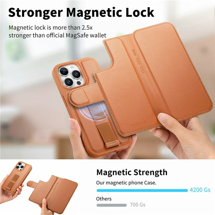 CASENEO For iPhone 15 Pro Magnetic Case RFID Blocking Wallet Detachable Leather Phone Cover with Wristband - TechGearPal