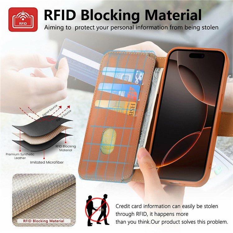 CASENEO For iPhone 15 Pro Magnetic Case RFID Blocking Wallet Detachable Leather Phone Cover with Wristband - TechGearPal