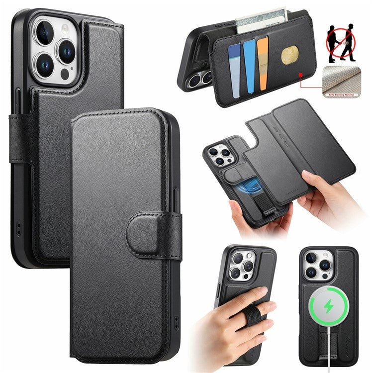 CASENEO For iPhone 15 Pro Magnetic Case RFID Blocking Wallet Detachable Leather Phone Cover with Wristband - TechGearPal