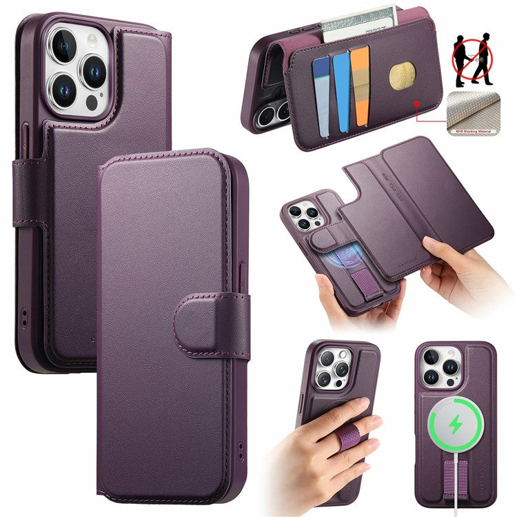 CASENEO For iPhone 15 Pro Magnetic Case RFID Blocking Wallet Detachable Leather Phone Cover with Wristband - TechGearPal