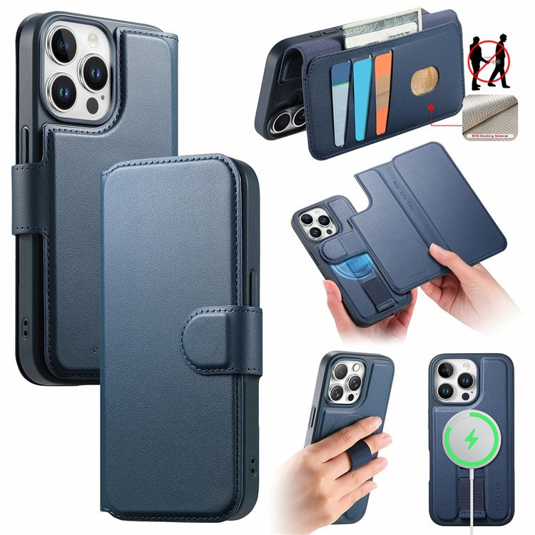 CASENEO For iPhone 15 Pro Magnetic Case RFID Blocking Wallet Detachable Leather Phone Cover with Wristband - TechGearPal