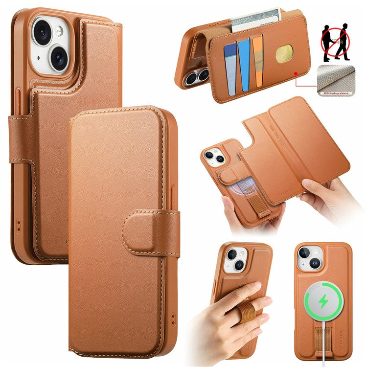 CASENEO For iPhone 15 Magnetic Case RFID Blocking Wallet Detachable Leather Phone Cover with Wristband - TechGearPal