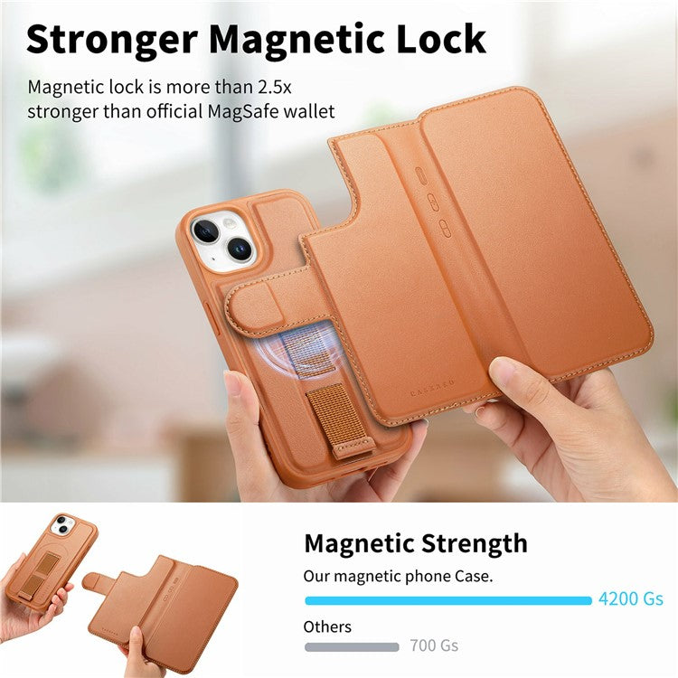 CASENEO For iPhone 15 Magnetic Case RFID Blocking Wallet Detachable Leather Phone Cover with Wristband - TechGearPal