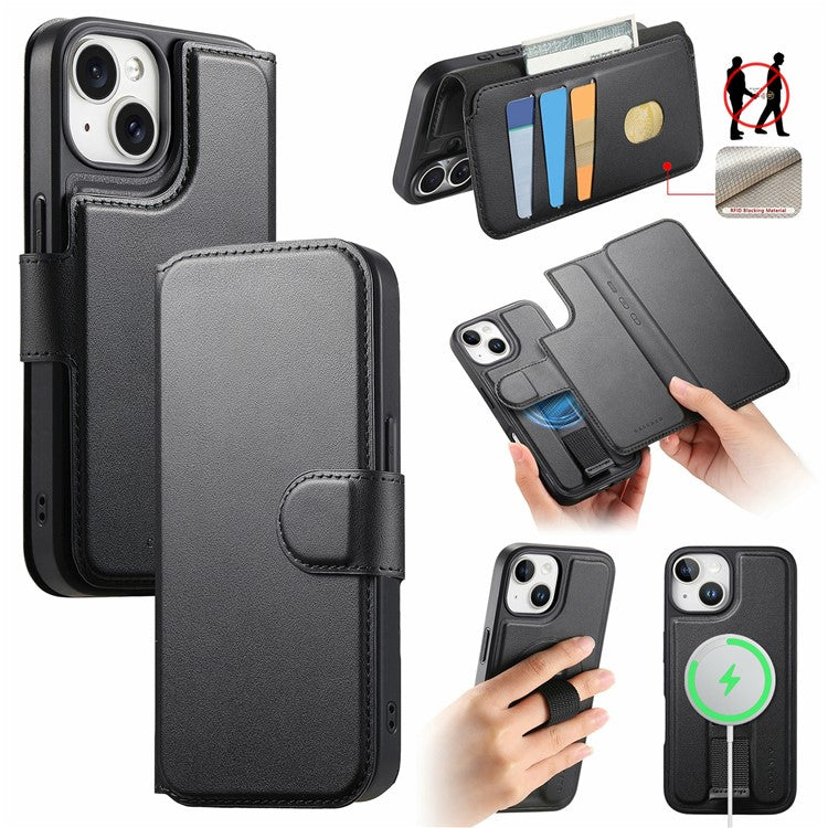 CASENEO For iPhone 15 Magnetic Case RFID Blocking Wallet Detachable Leather Phone Cover with Wristband - TechGearPal