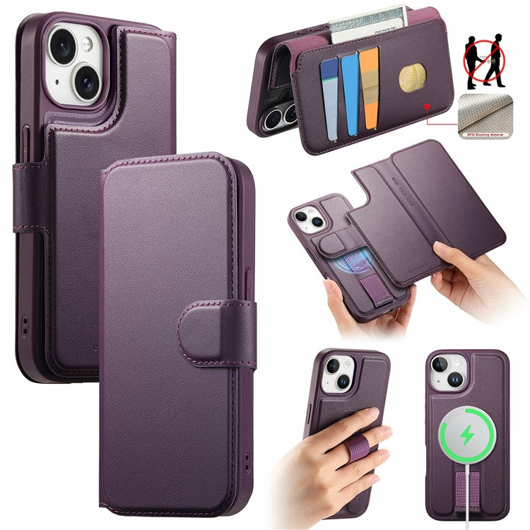 CASENEO For iPhone 15 Magnetic Case RFID Blocking Wallet Detachable Leather Phone Cover with Wristband - TechGearPal