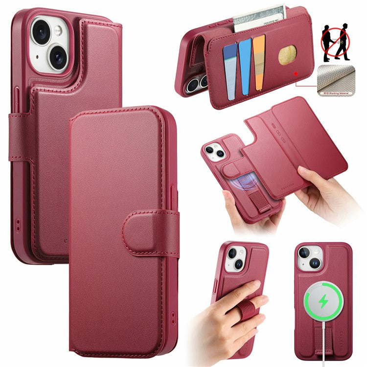 CASENEO For iPhone 15 Magnetic Case RFID Blocking Wallet Detachable Leather Phone Cover with Wristband - TechGearPal