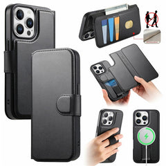 CASENEO For iPhone 14 Pro Magnetic Case RFID Blocking Wallet Detachable Leather Phone Cover with Wristband - TechGearPal