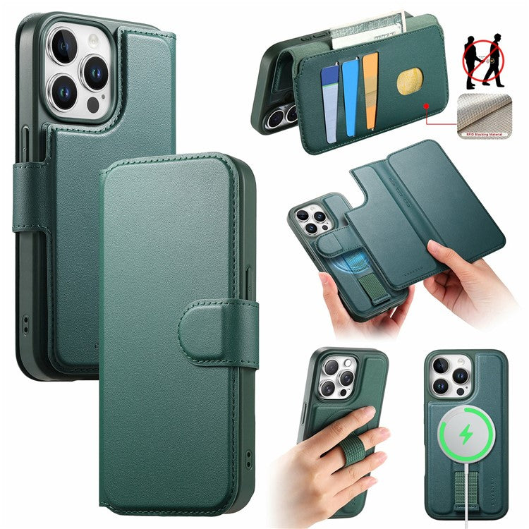 CASENEO For iPhone 14 Pro Magnetic Case RFID Blocking Wallet Detachable Leather Phone Cover with Wristband - TechGearPal