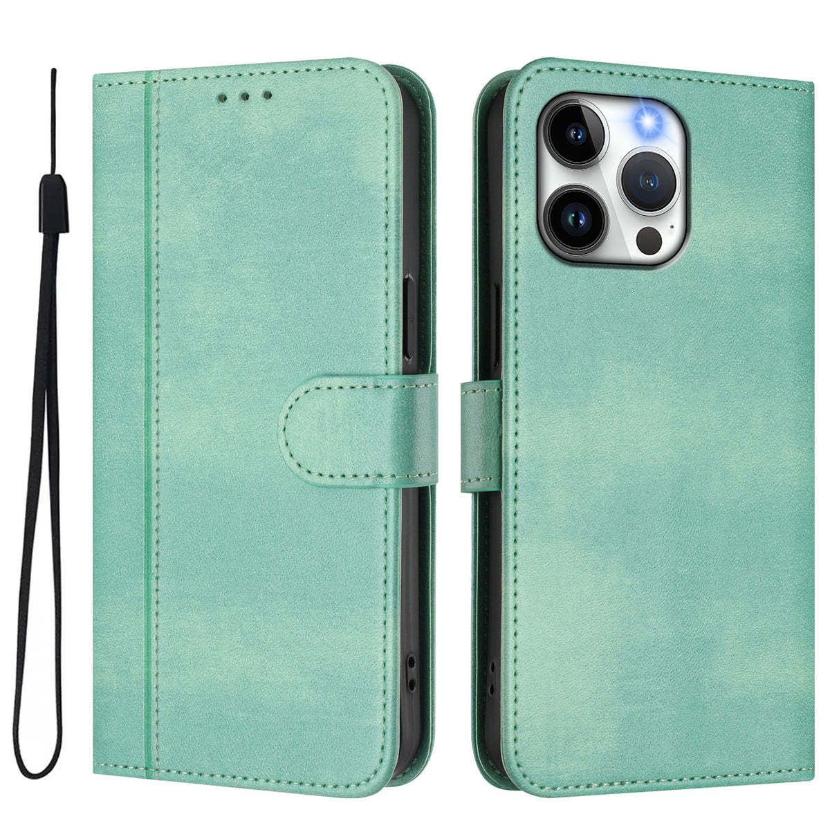 For iPhone 15 Pro Max Cases Wallet Stand Retro Texture Leather Phone Cover with Lanyard - TechGearPal