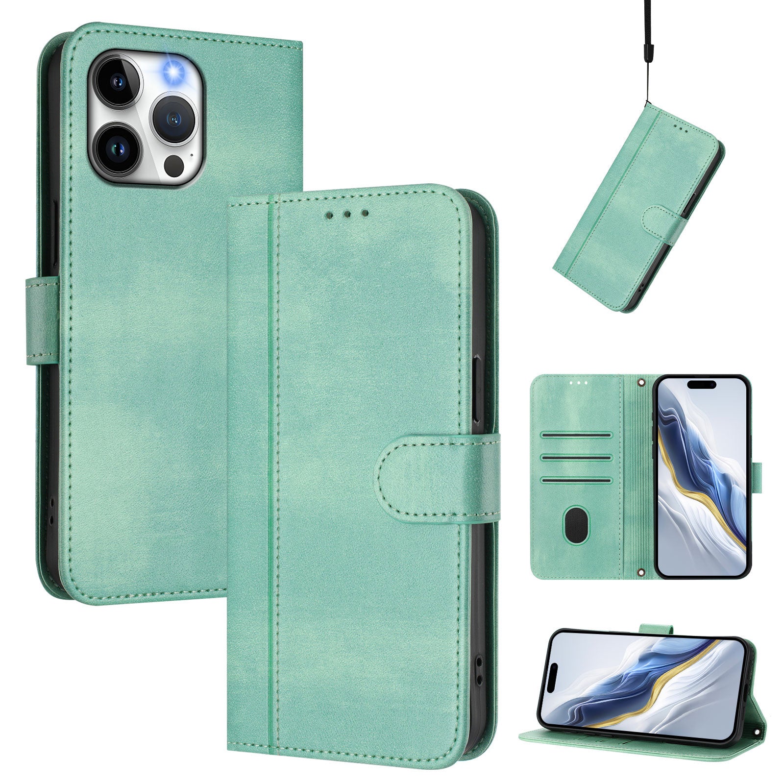 For iPhone 15 Pro Max Cases Wallet Stand Retro Texture Leather Phone Cover with Lanyard - TechGearPal