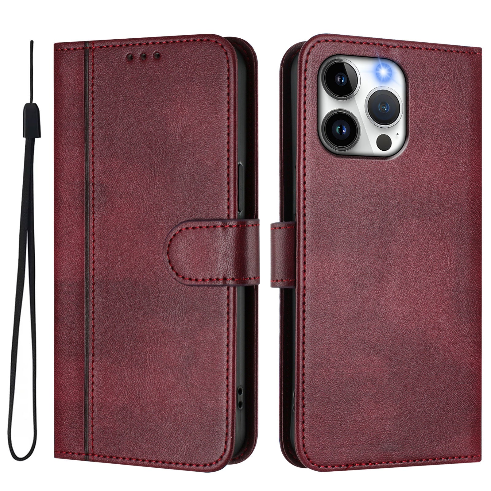 For iPhone 15 Pro Max Cases Wallet Stand Retro Texture Leather Phone Cover with Lanyard - TechGearPal