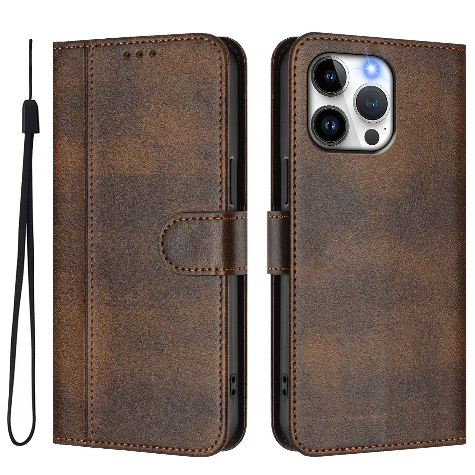 For iPhone 15 Pro Max Cases Wallet Stand Retro Texture Leather Phone Cover with Lanyard - TechGearPal