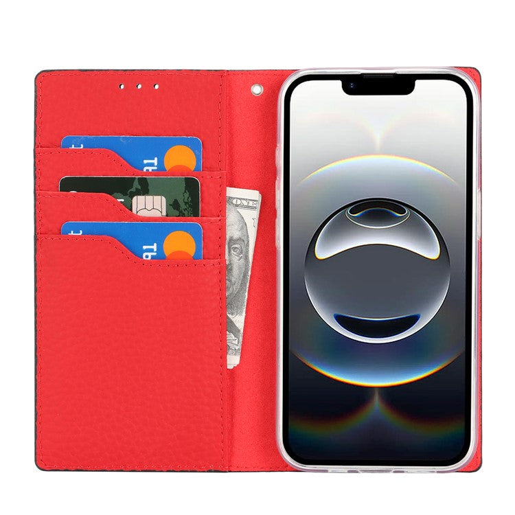 For iPhone 16e Wallet Case Genuine Cow Leather Phone Cover Litchi Texture - TechGearPal