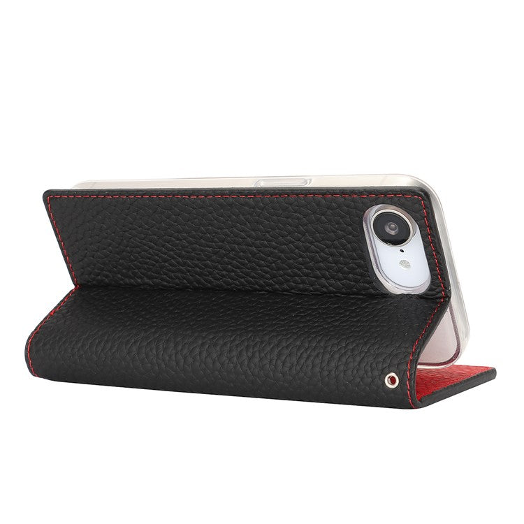 For iPhone 16e Wallet Case Genuine Cow Leather Phone Cover Litchi Texture - TechGearPal