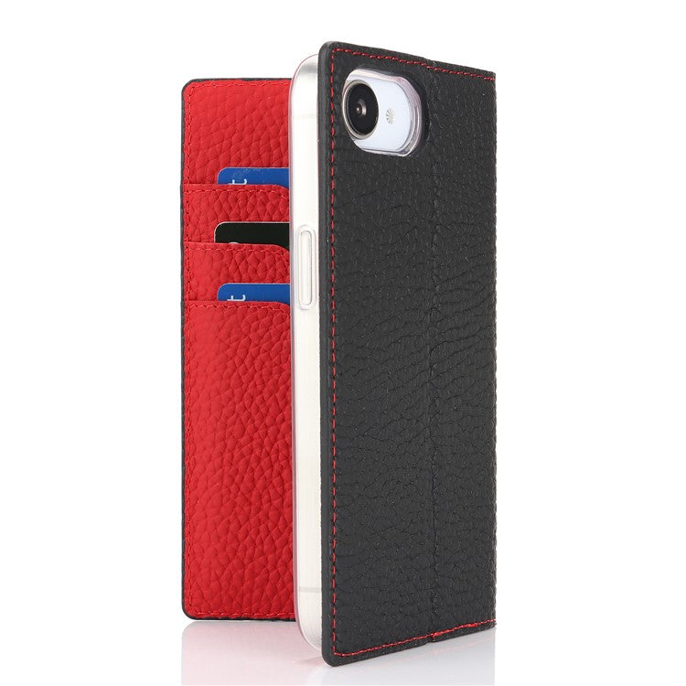 For iPhone 16e Wallet Case Genuine Cow Leather Phone Cover Litchi Texture - TechGearPal