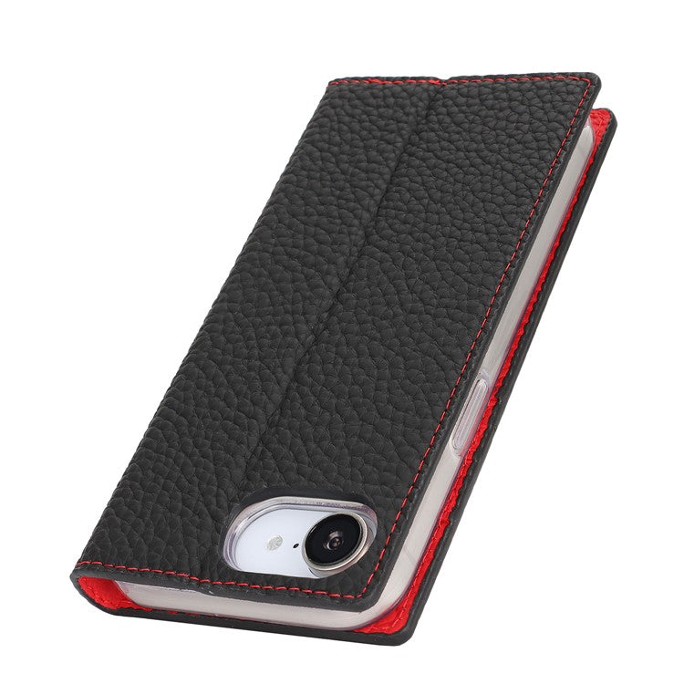 For iPhone 16e Wallet Case Genuine Cow Leather Phone Cover Litchi Texture - TechGearPal