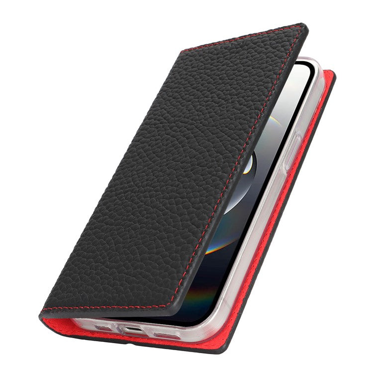 For iPhone 16e Wallet Case Genuine Cow Leather Phone Cover Litchi Texture - TechGearPal