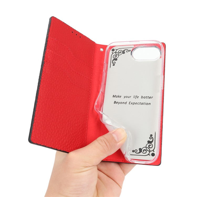 For iPhone 16e Wallet Case Genuine Cow Leather Phone Cover Litchi Texture - TechGearPal