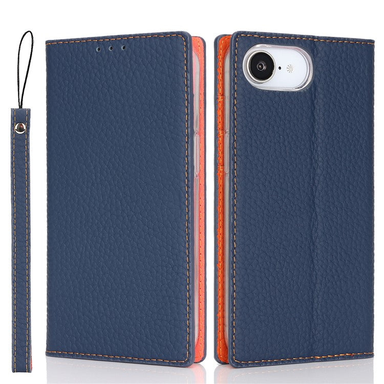 For iPhone 16e Wallet Case Genuine Cow Leather Phone Cover Litchi Texture - TechGearPal