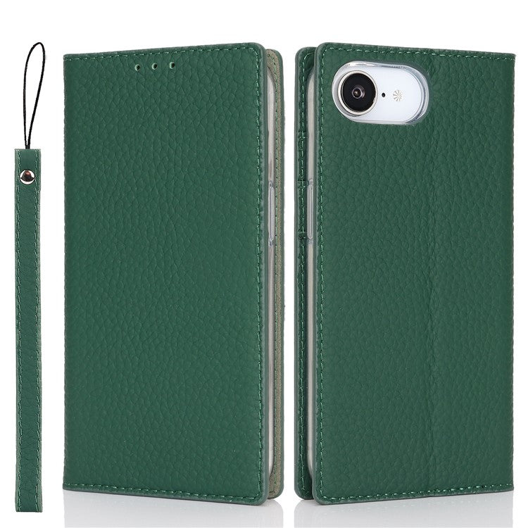 For iPhone 16e Wallet Case Genuine Cow Leather Phone Cover Litchi Texture - TechGearPal