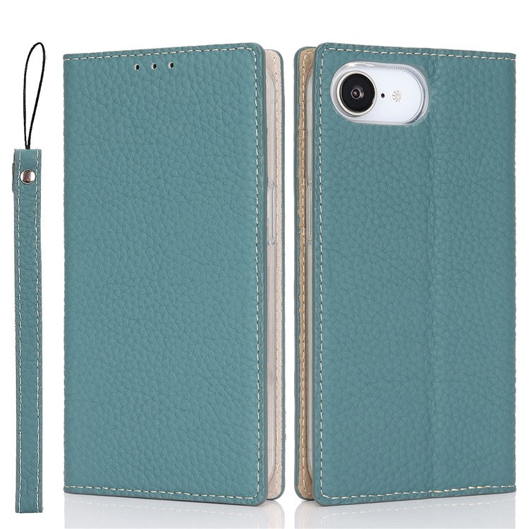 For iPhone 16e Wallet Case Genuine Cow Leather Phone Cover Litchi Texture - TechGearPal