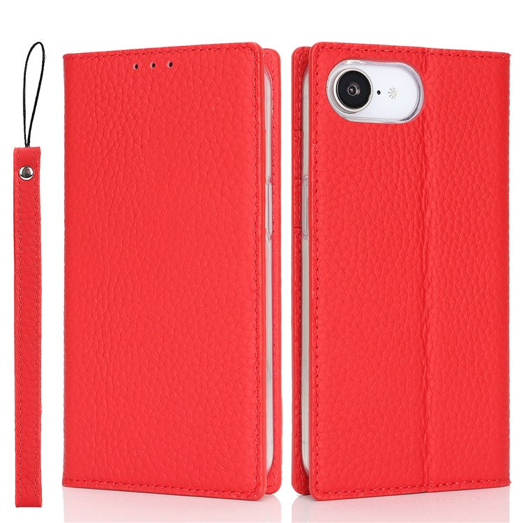 For iPhone 16e Wallet Case Genuine Cow Leather Phone Cover Litchi Texture - TechGearPal