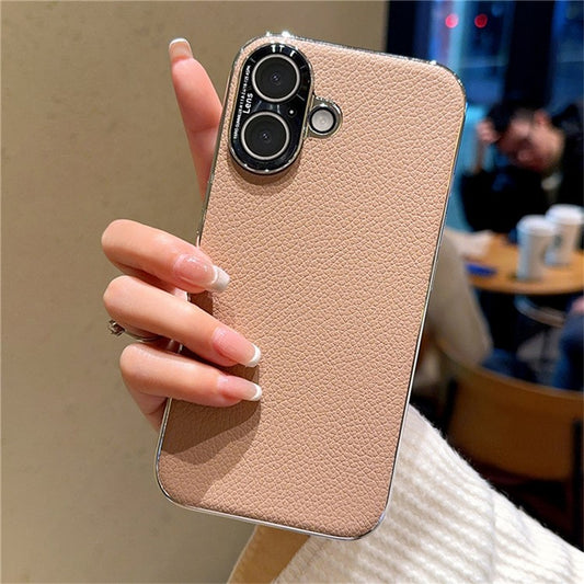 For iPhone 16 Case Electroplating Edge Litchi Texture Leather + PC Phone Cover - TechGearPal