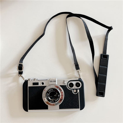 For iPhone 16 Case Vintage Style Camera Design Phone Cover with Crossbody Strap - TechGearPal