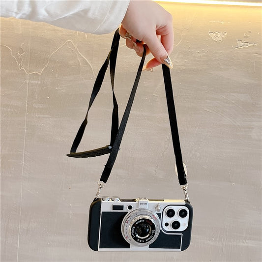 For iPhone 16 Pro Case Vintage Style Camera Design Phone Cover with Crossbody Strap - TechGearPal