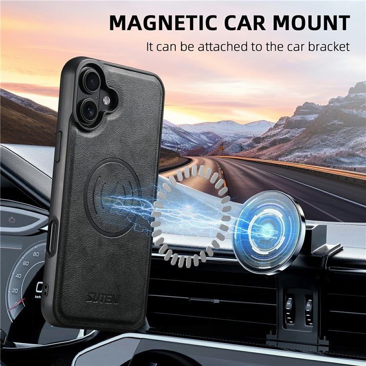 SUTENI G5 For iPhone 16 Case Compatible with MagSafe Cowhide Texture Leather Back Cover - TechGearPal