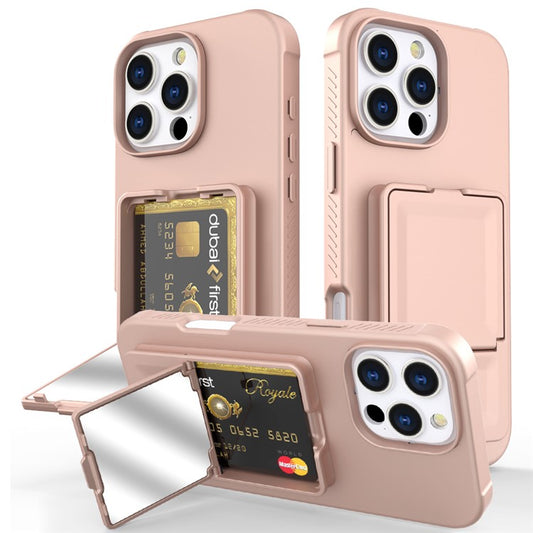For iPhone 16 Pro Max Case Skin-Touch Card Holder TPU + PC Phone Cover with Mirror Kickstand - TechGearPal