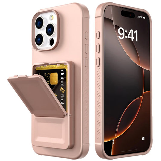For iPhone 16 Pro Max Case Skin-Touch Card Holder TPU + PC Phone Cover with Mirror Kickstand - TechGearPal
