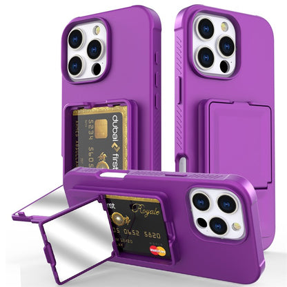 For iPhone 16 Pro Max Case Skin-Touch Card Holder TPU + PC Phone Cover with Mirror Kickstand - TechGearPal