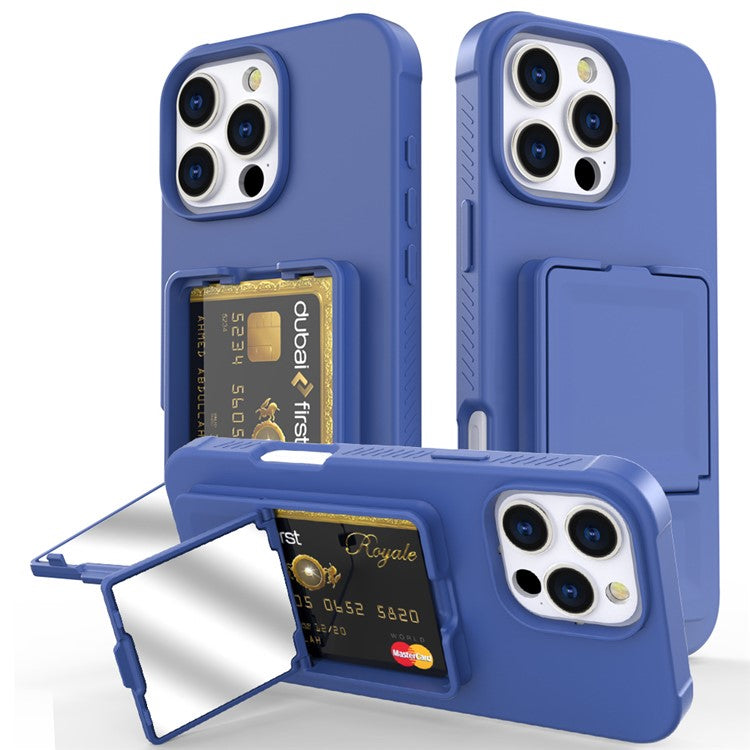 For iPhone 16 Pro Max Case Skin-Touch Card Holder TPU + PC Phone Cover with Mirror Kickstand - TechGearPal