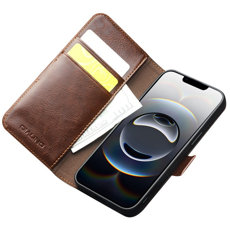QIALINO For iPhone 16e Wallet Case Genuine Cow Leather Flip Cover Magnetic Clasp Full Protection - TechGearPal