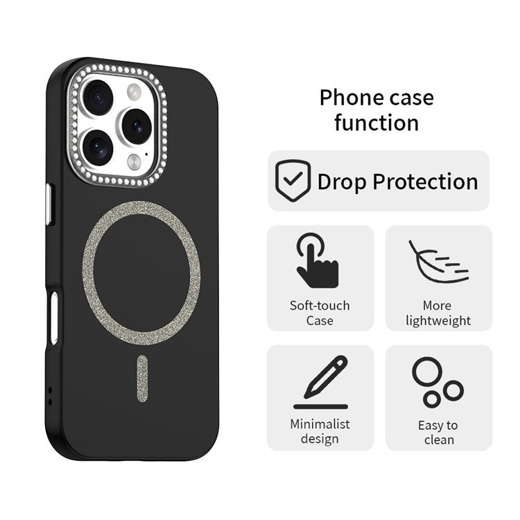 For iPhone 16 Pro Case Compatible with MagSafe TPU + PET Phone Cover with Rhinestone Decor Lens Frame - TechGearPal
