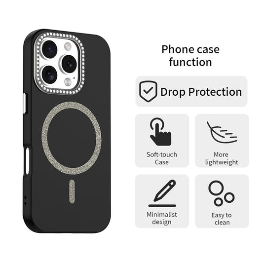 For iPhone 16 Pro Case Compatible with MagSafe TPU + PET Phone Cover with Rhinestone Decor Lens Frame - TechGearPal