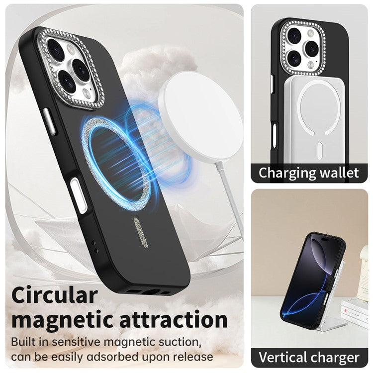 For iPhone 16 Pro Case Compatible with MagSafe TPU + PET Phone Cover with Rhinestone Decor Lens Frame - TechGearPal