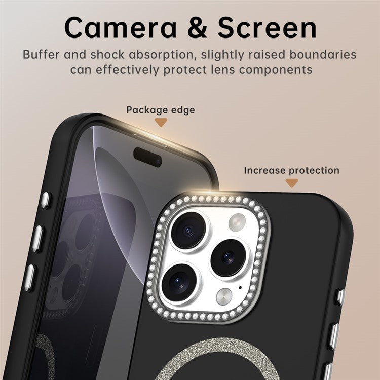 For iPhone 16 Pro Case Compatible with MagSafe TPU + PET Phone Cover with Rhinestone Decor Lens Frame - TechGearPal