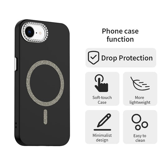 For iPhone 16e Case Compatible with MagSafe TPU + PET Phone Cover with Rhinestone Decor Lens Frame - TechGearPal