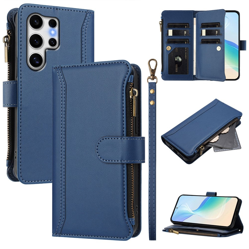 For Samsung Galaxy S25 Ultra Leather Case 9 Card Slots Zipper Wallet Stand Phone Cover with Wrist Strap - TechGearPal