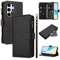 For Samsung Galaxy S25 Ultra Leather Case 9 Card Slots Zipper Wallet Stand Phone Cover with Wrist Strap
