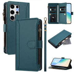 For Samsung Galaxy S25 Ultra Leather Case 9 Card Slots Zipper Wallet Stand Phone Cover with Wrist Strap
