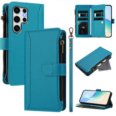 For Samsung Galaxy S25 Ultra Leather Case 9 Card Slots Zipper Wallet Stand Phone Cover with Wrist Strap