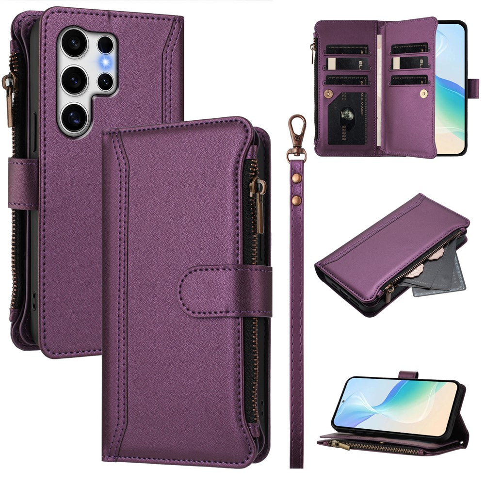 For Samsung Galaxy S25 Ultra Leather Case 9 Card Slots Zipper Wallet Stand Phone Cover with Wrist Strap