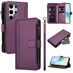 For Samsung Galaxy S25 Ultra Leather Case 9 Card Slots Zipper Wallet Stand Phone Cover with Wrist Strap